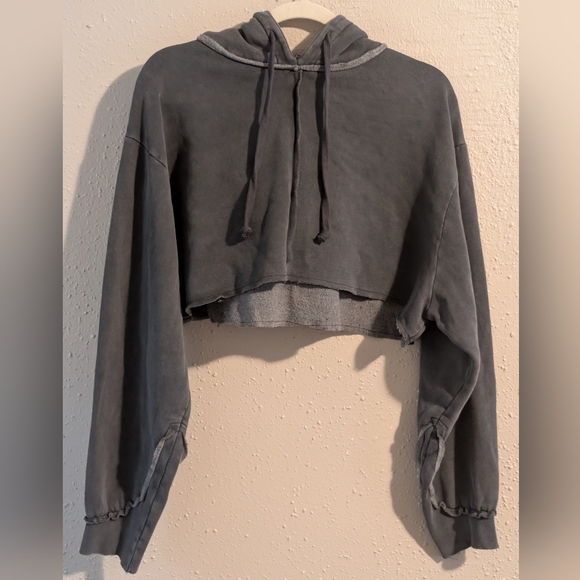 Zara Dark Grey Cropped Pullover Hoodie Sweatshirt - Picture 10 of 11